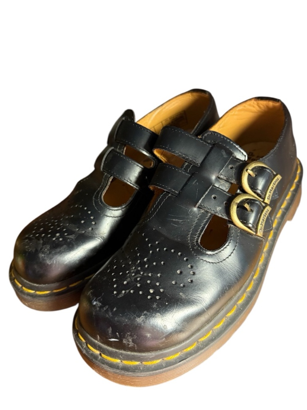 Dr. Martens Black Double-Buckle Kids Mary Janes with Yellow Stitching